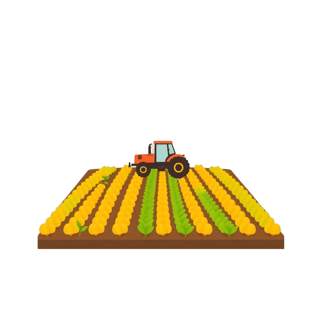 Trator em campo agrícola com culturas organizadas